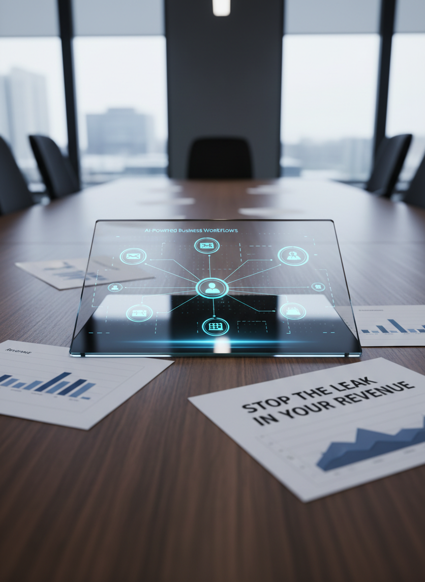 A detailed close-up of a transparent glass tablet lying on a dark wooden meeting table, its surface projecting holographic-style flowcharts of AI-powered business workflows: icons for email, CRM, calendars, and payment systems linked by glowing blue lines. Around the tablet, there are printed documents with revenue charts and the phrase “Stop the leak in your revenue” in bold, crisp typography. Cool, directional office lighting from above highlights the glass edges and creates precise reflections on the table. The background fades into soft bokeh of a modern office interior. Photographic realism with a slightly elevated angle, creating a sharp, focused foreground and a confident, analytical mood that conveys clarity and control through automation.