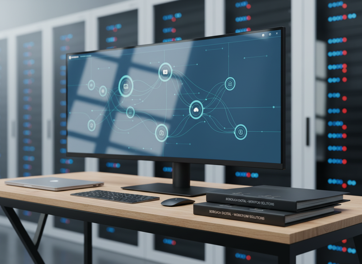 A sleek, modern workspace featuring a large ultra-wide monitor displaying a clean dashboard of automation workflows, glowing with interconnected nodes and smooth data flows. A high-end black metal and oak desk holds a closed laptop, a wireless keyboard, and neatly stacked branded folders labeled “Borough Digital – Workflow Solutions.” Soft daylight enters from an unseen window, creating gentle reflections on the monitor and a subtle sheen on the desk surface. The background is softly blurred server racks with tiny indicator lights, suggesting robust infrastructure. Photographic realism, eye-level composition, with a shallow depth of field that keeps the automation dashboard in crisp focus. The mood is professional, efficient, and calm, ideal for a local business AI automation consultancy homepage hero image.