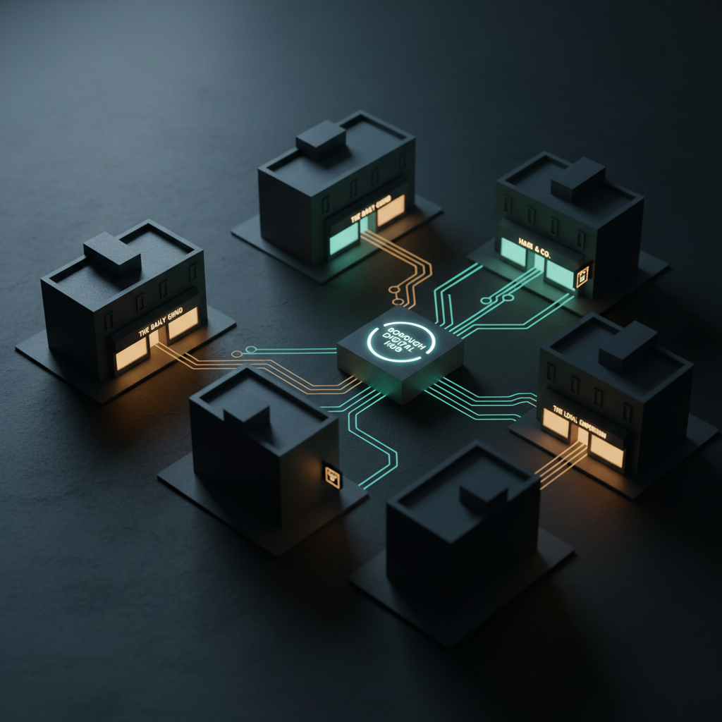 An abstract yet realistic overhead view of a small-town street grid at night, constructed from miniature buildings and shopfronts on a dark matte surface. Subtle light trails, represented by thin glowing lines in teal and amber, weave cleanly between the rooftops, symbolizing automated digital workflows connecting local businesses. Key buildings, such as a cafe, a salon, and a retail store, have tiny illuminated signs, suggesting thriving activity. Soft, directional studio lighting creates gentle highlights on the model’s edges and smooth shadows between streets. The composition uses rule of thirds, with the brightest trails leading toward a small central block labeled “Borough Digital Hub.” Photographic realism, creating a professional yet approachable atmosphere about helping local businesses thrive through interconnected AI systems.